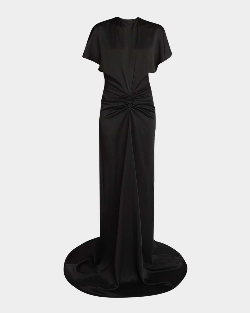 Gathered-Waist Backless Satin Gown